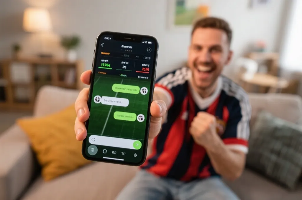 An energetic sports fan holding a mobile phone in hand, showing real-time sports statistics and interactive chat interface on screen, cozy living room background, lifestyle photography