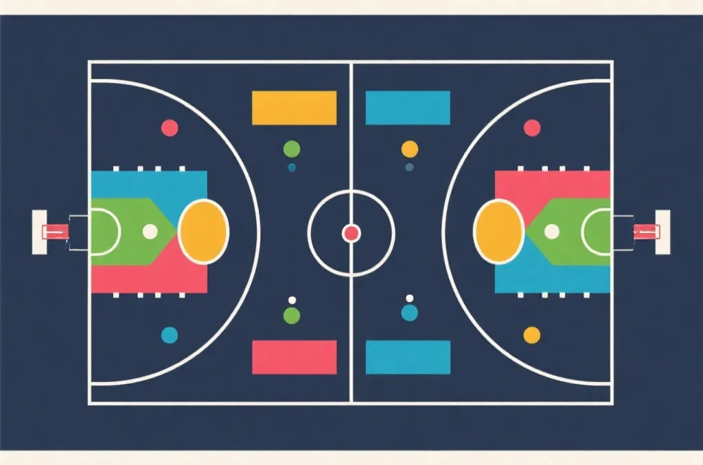 抽象的篮球场战术板设计,包含线条、箭头与区域分析标记,极简现代风格